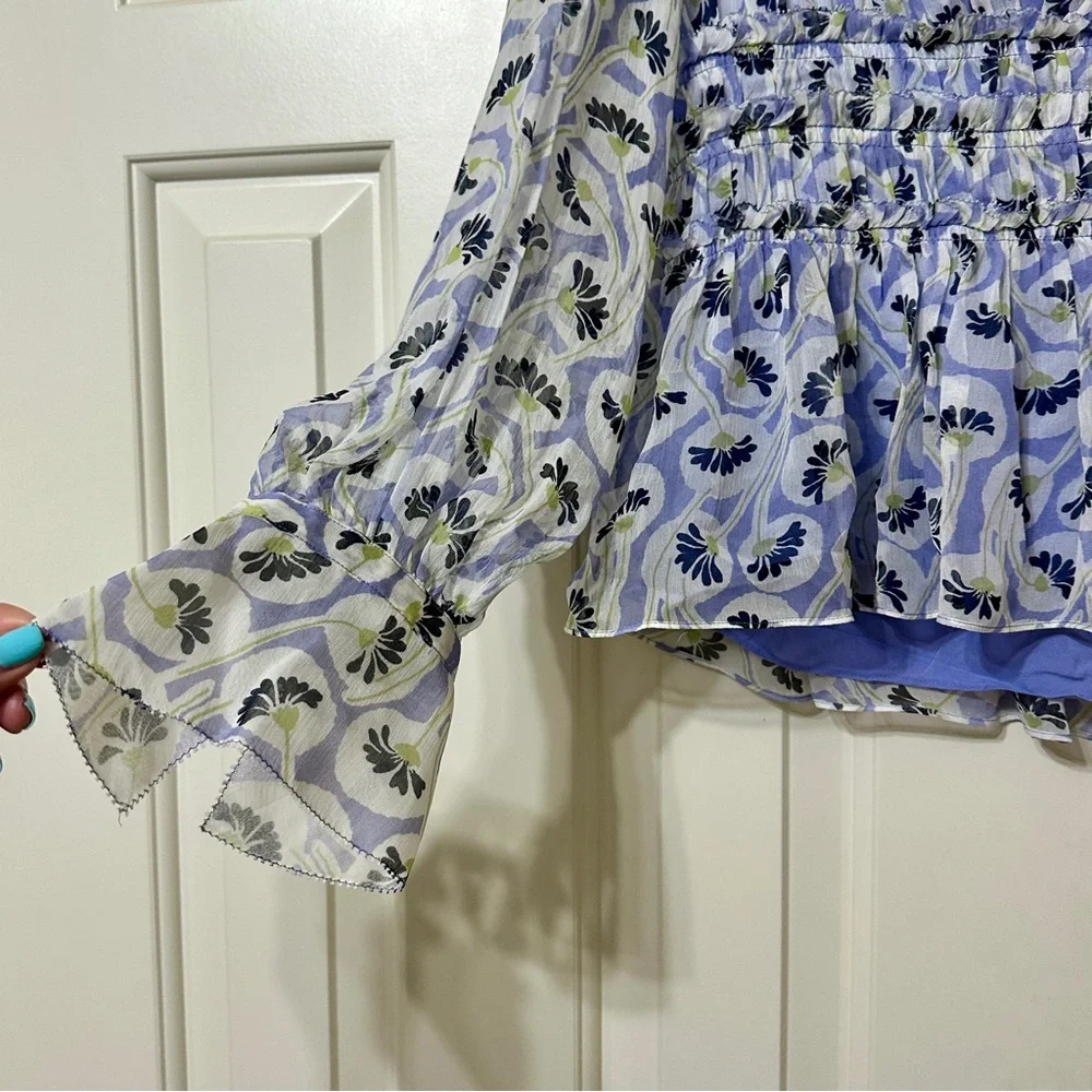 NWT Rebecca Taylor Deco Floral Print Silk Blouse Fleur Aster Ruffle Peplum Sz 8 - Picture 8 of 13
